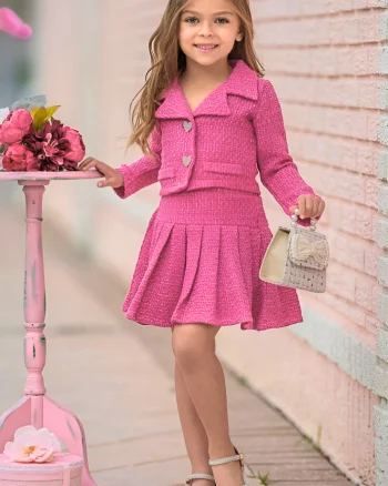 Compleu roz casual din stofa tweed pentru fete - Selma