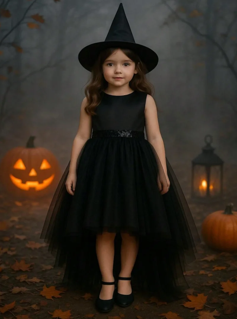Rochie neagra cu trena Halloween Party + PALARIE CADOU pentru fete - 06