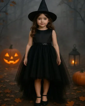 Rochie neagra cu trena Halloween Party + PALARIE CADOU pentru fete - 06