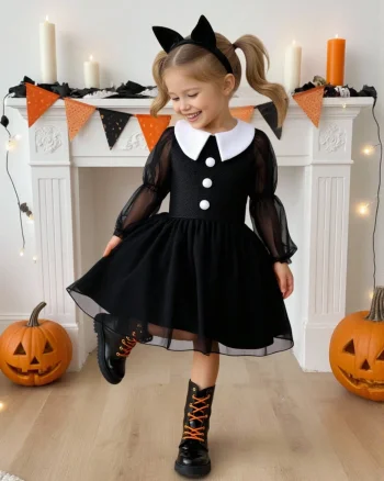 Rochie neagra din catifea si tulle Halloween Party pentru fete - 17