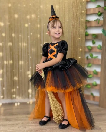 Rochie neagru si portocaliu cu trena Halloween Party pentru fete - 12