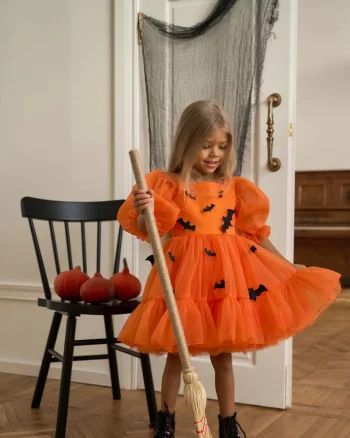 Rochie portocalie accesorizata cu lilieci negrii Halloween Party pentru fete - 19