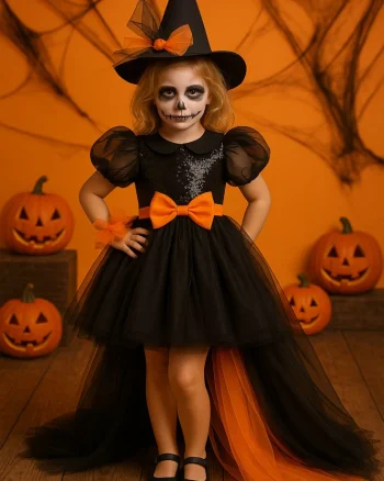 Rochie neagru si portocaliu cu trena Halloween Party pentru fete - 21