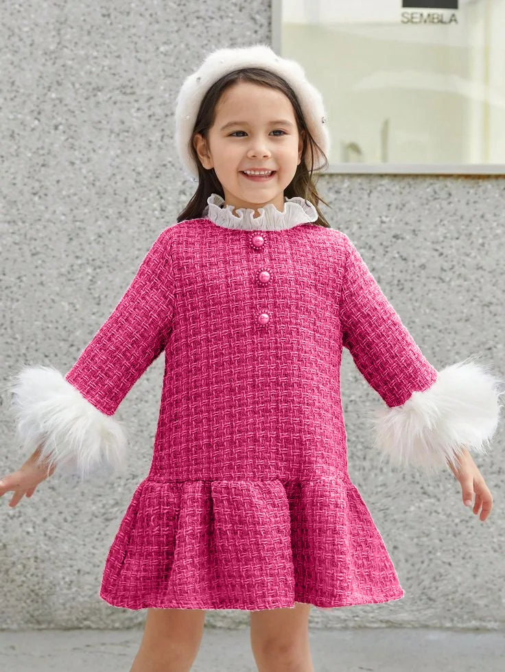 Rochie roz din stofa tweed si mansete din blanita ecologica pentru fete - Meghan