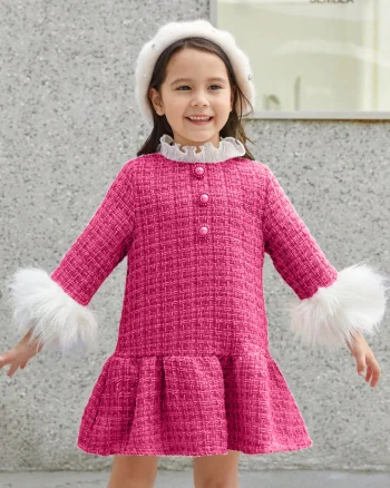 Rochie roz din stofa tweed si mansete din blanita ecologica pentru fete - Meghan