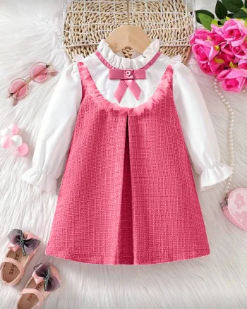 Rochie vintage pentru fete, din stofa tweed roz și poplin alb - Ellis