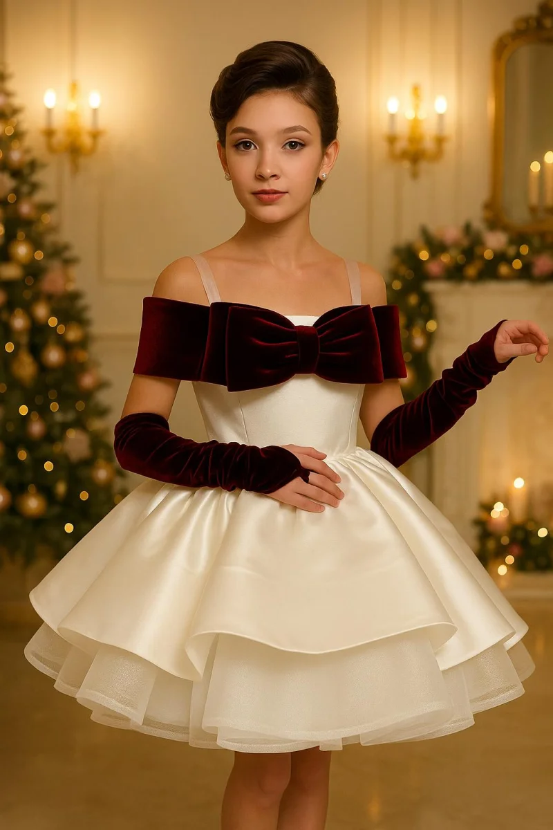 Rochie alba eleganta din tafta si funda burgundy pentru fete - Norah