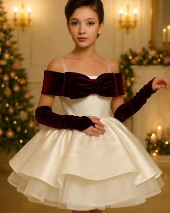 Rochie alba eleganta din tafta si funda burgundy pentru fete - Norah