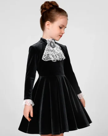 Rochie vintage neagra din catifea si dantela alba pentru fete - Timeea