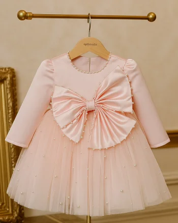 Rochie crem eleganta pentru fete, cu fundite si perle - Kendra