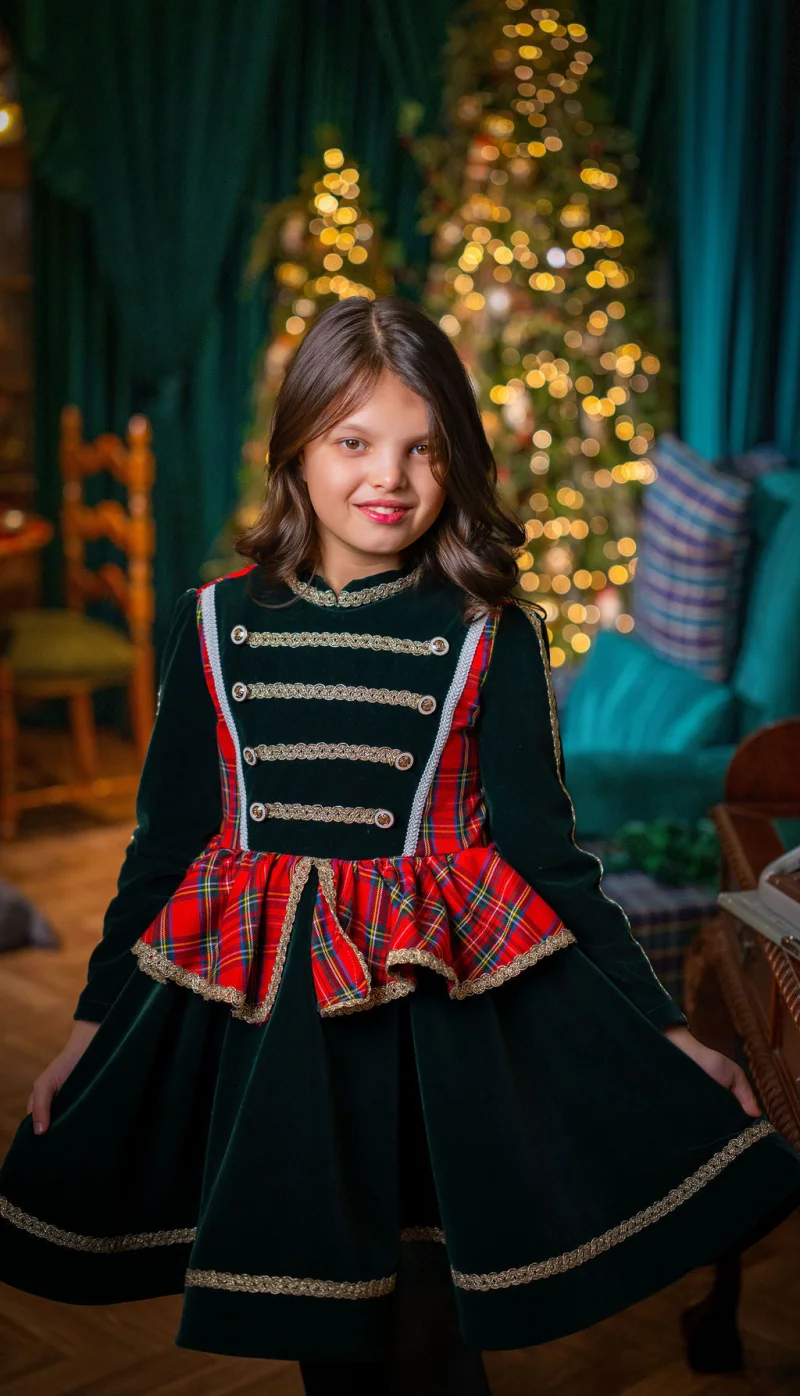 Rochie stofa rosie in carouri si catifea verde pentru fete - Malvina