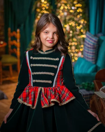 Rochie stofa rosie in carouri si catifea verde pentru fete - Malvina