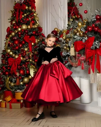 Rochie rosie eleganta pentru fete, din tafta si catifea neagra - 3-4 ani