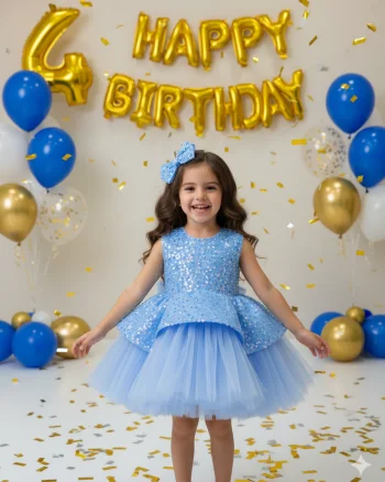 Rochie bleu eleganta pentru fete, din dantela cu perle si paiete - Candy