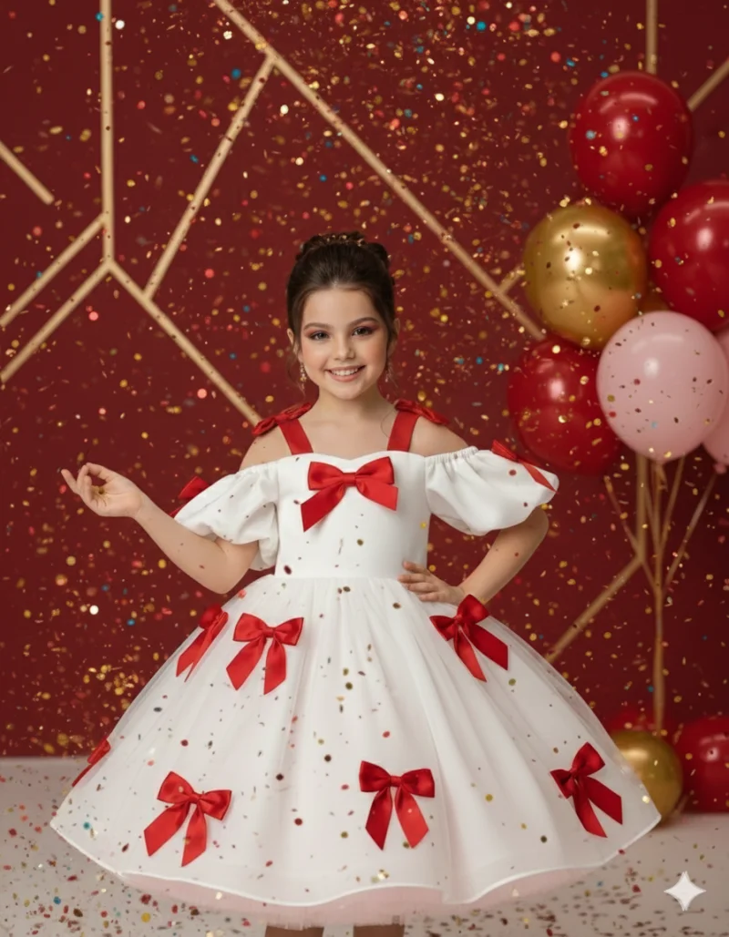 Rochie alba eleganta din tafta cu fundite rosii pentru fete - Berta