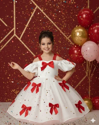 Rochie alba eleganta din tafta cu fundite rosii pentru fete - Berta