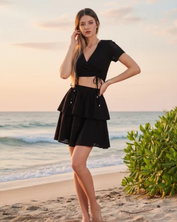 Compleu negru fusta si bluza din bumbac brodat