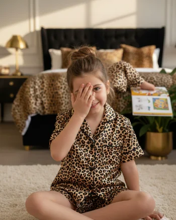 Pijama animal print model clasic din satin, pentru fete