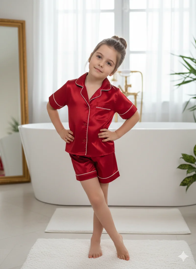 Pijama rosie de vara model clasic din satin, pentru fete