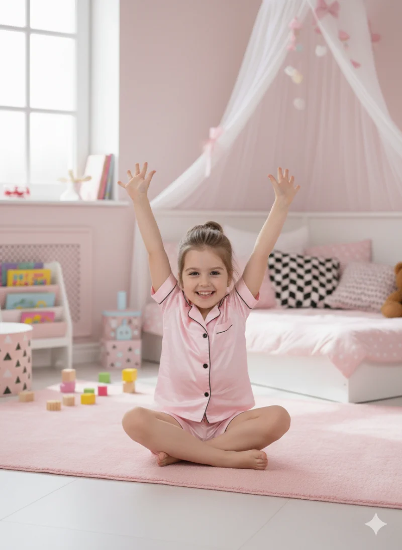 Pijama roz de vara model clasic din satin, pentru fete