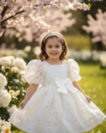 Rochie alba eleganta din organza cu flori pentru fete - Serenity