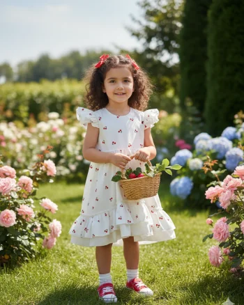 Rochie alba din bumbac cu cirese pentru fete - Chery