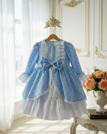 Rochie bleu vintage cu buline pentru fete - Ofelia