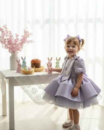 Rochie lila eleganta cu broderie iepuras - Bunny