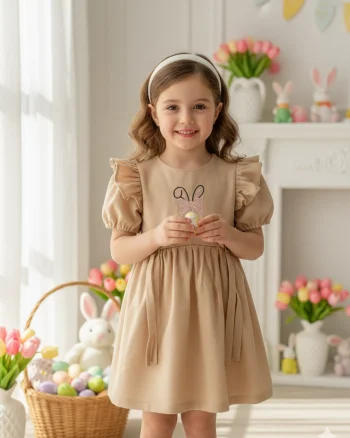 Rochie casual din in cu broderie pentru fete - Zury