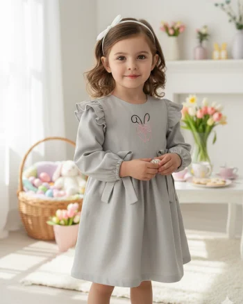 Rochie casual din in cu broderie pentru fete - Zury