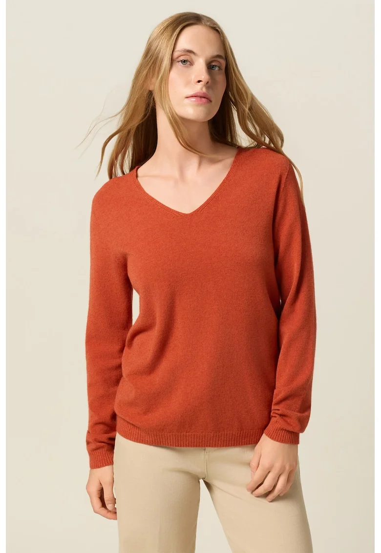 Pulover slim fit cu decolteu in V, Portocaliu inchis