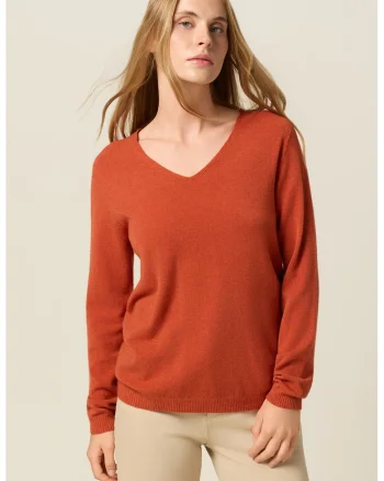 Pulover slim fit cu decolteu in V, Portocaliu inchis