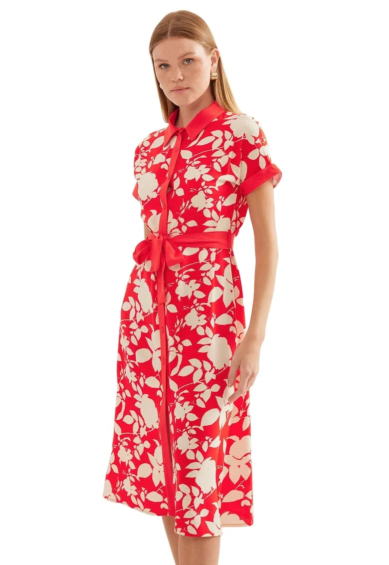 Rochie midi dama BigDart, imprimeu floral, viscoza, Rosu, Rosu