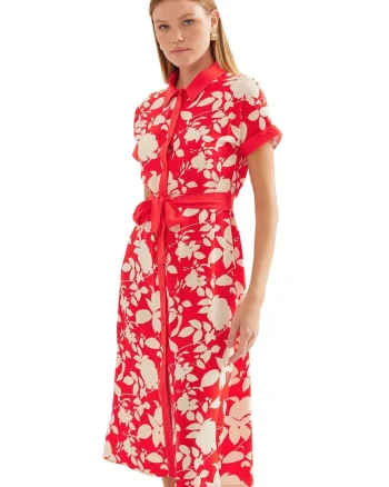 Rochie midi dama BigDart, imprimeu floral, viscoza, Rosu, Rosu