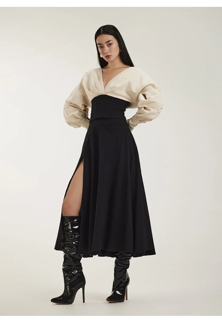 Rochie din bumbac cu decolteu in V si slit frontal Signora, Negru