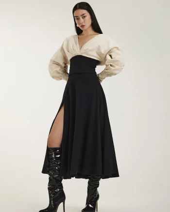 Rochie din bumbac cu decolteu in V si slit frontal Signora, Negru