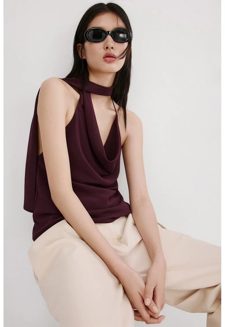 Bluza cu esarfa drapata, Violet pruna