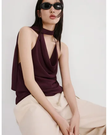 Bluza cu esarfa drapata, Violet pruna