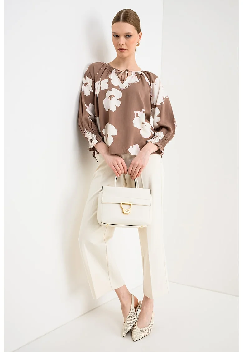 Bluza lejera cu model floral, Roz pastel/Alb murdar/Maro pamantiu