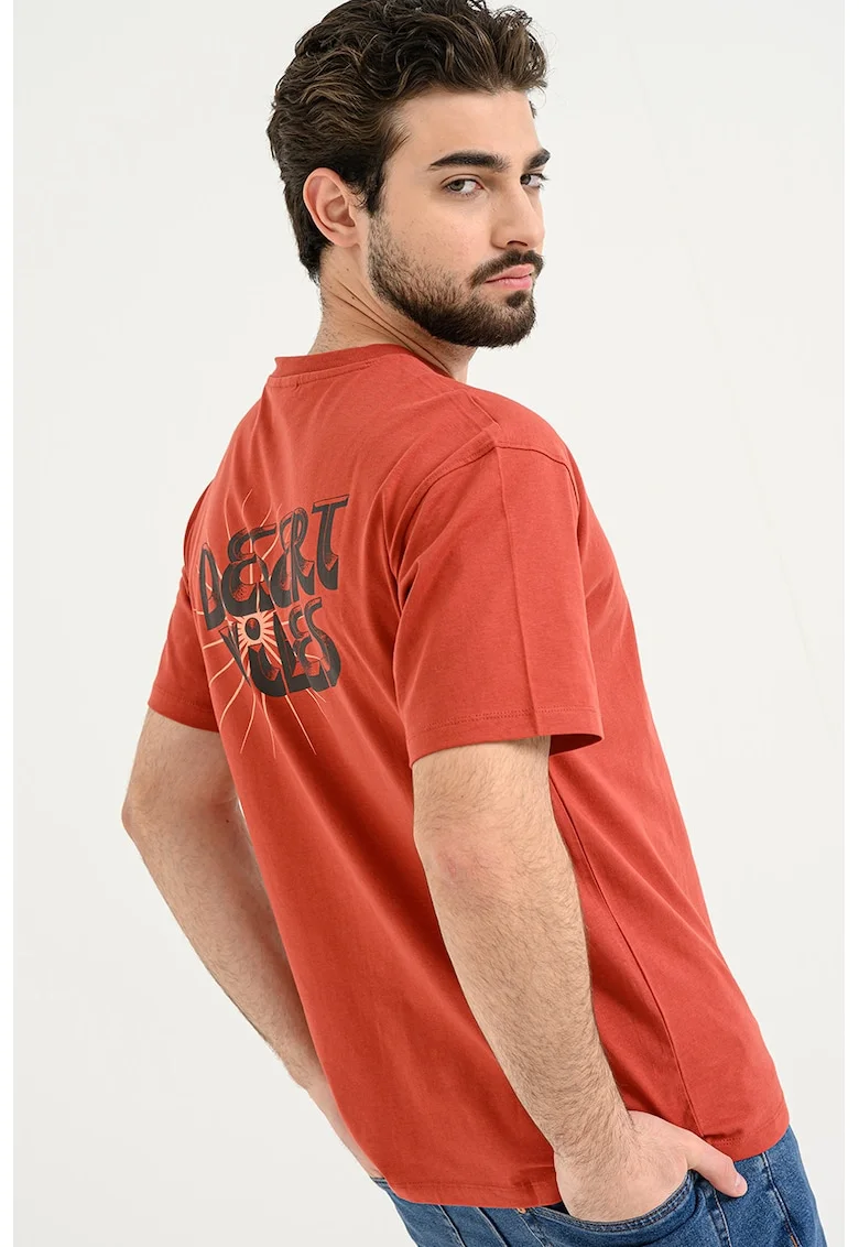 Tricou de bumbac cu imprimeu text, Rosu inchis