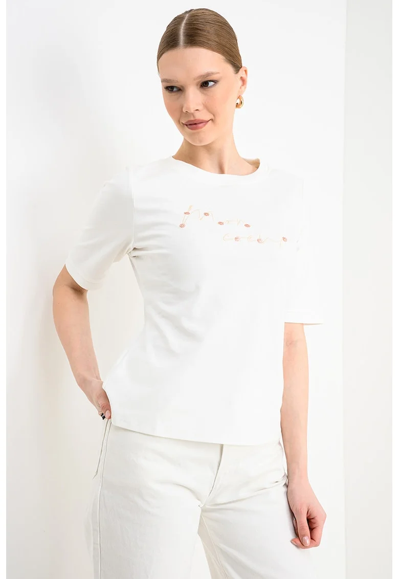 Tricou regular fit cu broderie si paiete, Alb murdar