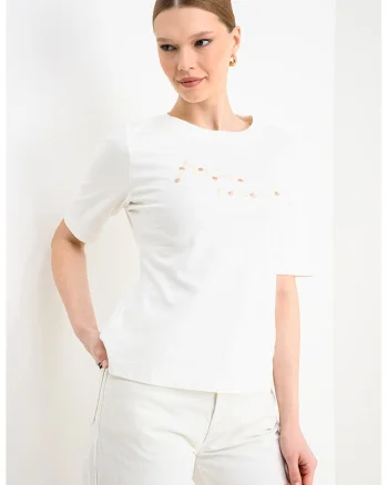 Tricou regular fit cu broderie si paiete, Alb murdar