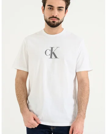 Tricou cu decolteu la baza gatului si model monograma, Alb