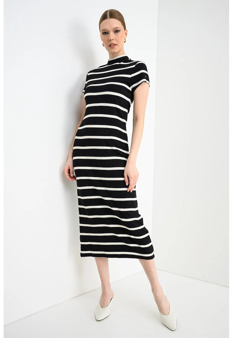 Rochie midi cu dungi, Alb/Negru
