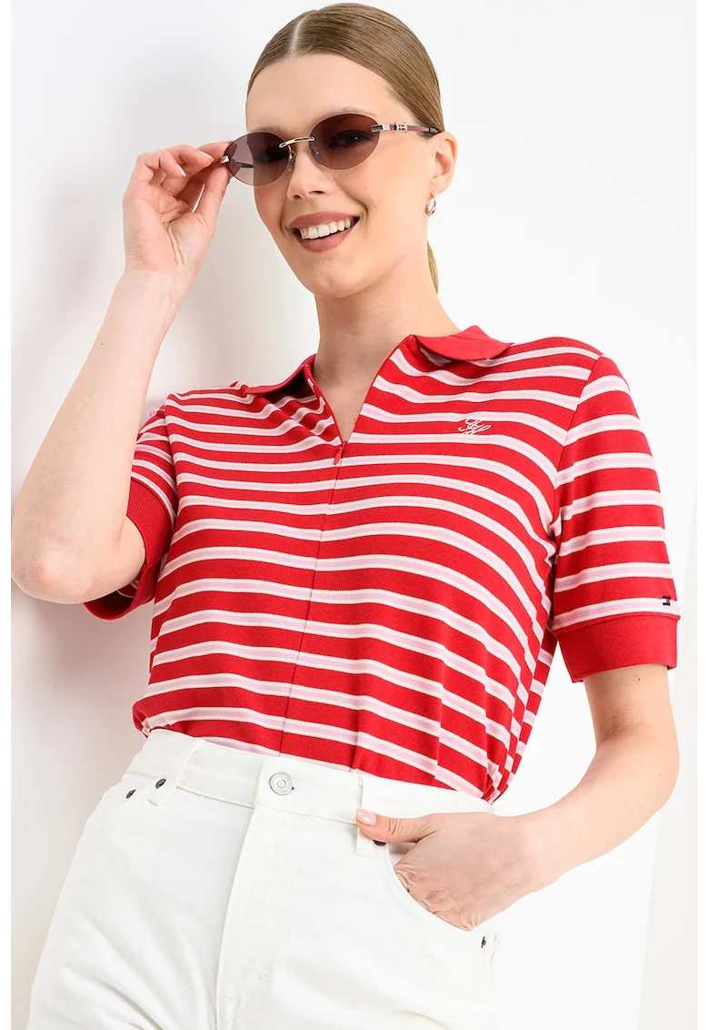 Tricou polo cu dungi, Rosu/Roz