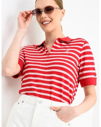 Tricou polo cu dungi, Rosu/Roz