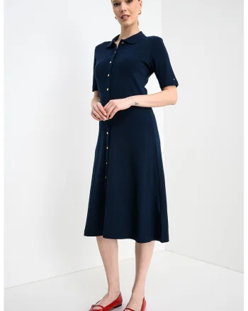 Rochie midi cu nasturi si dungi, Bleumarin