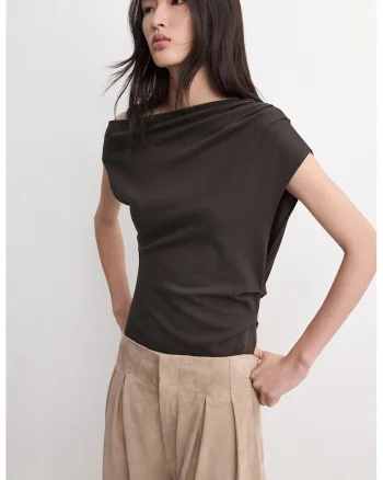Bluza din amestec de bumbac si modal cu maneci asimetrice, Maro inchis