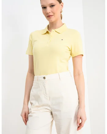 Tricou polo cu croiala slim-fit si logo, Galben deschis