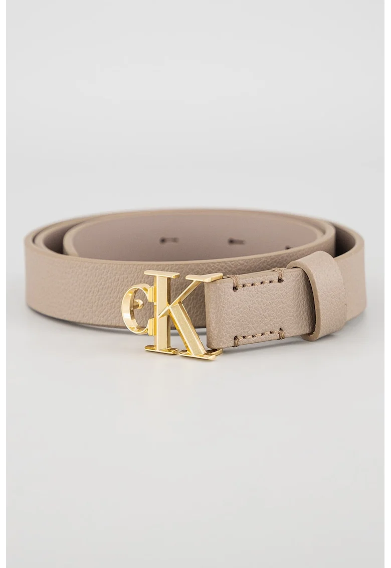 Curea skinny din piele cu logo metalic, Maro taupe inchis